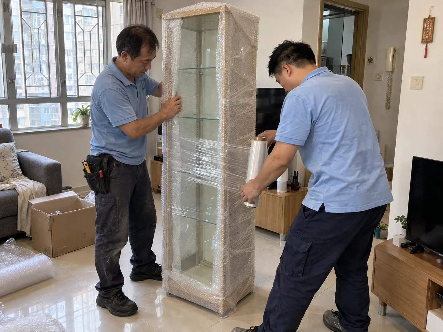 兩名工人在客廳用氣泡紙同膠膜包裝玻璃櫃,旁邊有紙箱